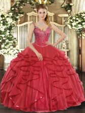 Low Price Tulle Sleeveless Floor Length 15th Birthday Dress and Beading and Ruffles