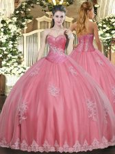 Deluxe Watermelon Red Sweetheart Lace Up Beading and Appliques 15 Quinceanera Dress Sleeveless