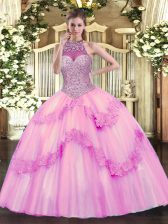  Rose Pink Tulle Lace Up Sweet 16 Dresses Sleeveless Floor Length Beading and Appliques
