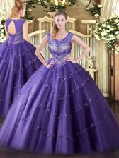 Traditional Floor Length Ball Gowns Sleeveless Purple Quinceanera Dress Lace Up