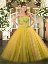 Best Selling Gold Sleeveless Tulle Lace Up Ball Gown Prom Dress for Sweet 16 and Quinceanera