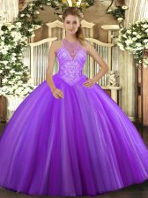 High End Floor Length Lace Up Quinceanera Gown Lavender for Military Ball and Sweet 16 and Quinceanera with Beading