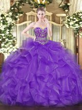 Latest Floor Length Lavender Quince Ball Gowns Organza Sleeveless Beading and Ruffles