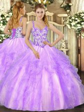 Flare Organza Straps Sleeveless Lace Up Beading and Appliques and Ruffles Vestidos de Quinceanera in Lavender