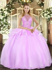 Latest Lilac Lace Up Halter Top Beading Quinceanera Dresses Organza Sleeveless