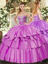 Wonderful Sweetheart Sleeveless Quinceanera Gown Floor Length Beading and Ruffled Layers Lilac Organza and Taffeta