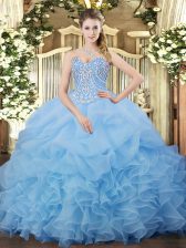  Sweetheart Sleeveless Quinceanera Dresses Floor Length Beading and Ruffles and Pick Ups Aqua Blue Organza