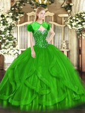  Floor Length Green Sweet 16 Dress Tulle Sleeveless Beading and Ruffles