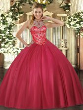 Discount Floor Length Coral Red Ball Gown Prom Dress Halter Top Sleeveless Lace Up