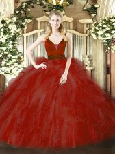 Exquisite Straps Sleeveless Zipper Sweet 16 Dress Wine Red Tulle
