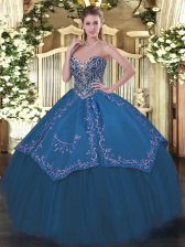 Decent Blue Sleeveless Floor Length Beading and Embroidery Lace Up Quinceanera Dresses