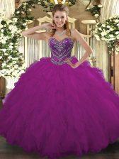 Edgy Tulle Sweetheart Sleeveless Lace Up Beading and Ruffled Layers Sweet 16 Dresses in Fuchsia