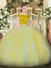 Short Sleeves Floor Length Ruffles Zipper Quince Ball Gowns with Gold