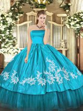  Aqua Blue Zipper 15th Birthday Dress Embroidery Sleeveless Floor Length