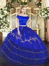 Royal Blue Short Sleeves Floor Length Embroidery and Ruffled Layers Zipper 15 Quinceanera Dress