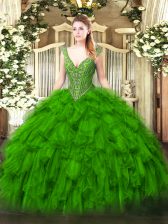  Organza Lace Up Quince Ball Gowns Sleeveless Floor Length Beading and Ruffles