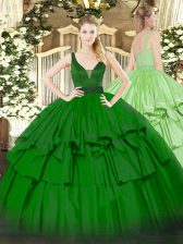  Green Sleeveless Floor Length Beading and Ruffled Layers Zipper 15th Birthday Dress