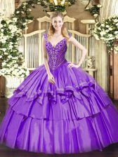 Affordable Ball Gowns Quince Ball Gowns Lavender V-neck Organza and Taffeta Sleeveless Floor Length Lace Up