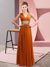  Rust Red Empire V-neck Sleeveless Chiffon Floor Length Side Zipper Beading and Ruching Prom Evening Gown