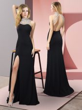 Admirable Black Elastic Woven Satin Backless Prom Dresses Sleeveless Floor Length Beading