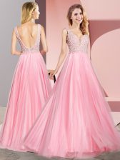  Watermelon Red Sleeveless Floor Length Lace Zipper Prom Evening Gown