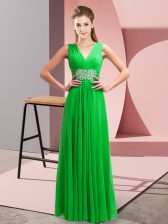  Green Empire Chiffon V-neck Sleeveless Beading and Ruching Floor Length Side Zipper 
