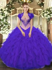  Purple Lace Up Quinceanera Gown Beading and Ruffles Sleeveless Floor Length