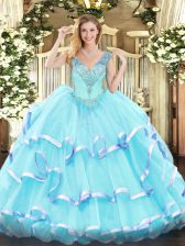  Aqua Blue Lace Up V-neck Ruffled Layers Vestidos de Quinceanera Organza Sleeveless