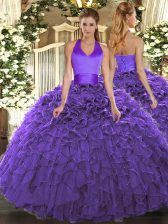  Purple Ball Gowns Halter Top Sleeveless Organza Floor Length Lace Up Ruffles Sweet 16 Dress