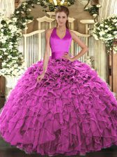 Dramatic Fuchsia Sleeveless Floor Length Ruffles Lace Up Sweet 16 Dress