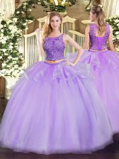 Great Organza Scoop Sleeveless Lace Up Beading Quinceanera Gowns in Lavender