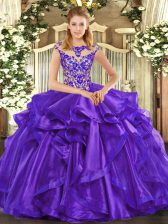  Purple Cap Sleeves Organza Lace Up 15 Quinceanera Dress for Sweet 16 and Quinceanera