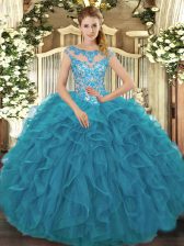 Hot Selling Teal Scoop Neckline Beading and Ruffles 15 Quinceanera Dress Cap Sleeves Lace Up