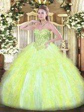  Sweetheart Sleeveless Tulle Ball Gown Prom Dress Appliques and Ruffles Lace Up