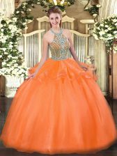 Modest Orange Red Sleeveless Tulle Lace Up Quinceanera Gown for Military Ball and Sweet 16 and Quinceanera