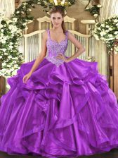  Sleeveless Organza Floor Length Lace Up Sweet 16 Dress in Eggplant Purple with Beading and Ruffles