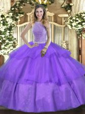 Traditional Lavender Sleeveless Beading and Ruffled Layers Floor Length Sweet 16 Dresses