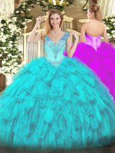  Floor Length Aqua Blue Sweet 16 Dress Organza Sleeveless Beading and Ruffles