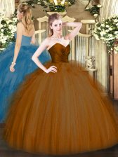  Brown Tulle Zipper Sweetheart Sleeveless Floor Length Quinceanera Dresses Ruffles