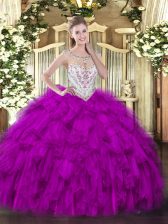  Floor Length Zipper 15 Quinceanera Dress Fuchsia for Military Ball and Sweet 16 and Quinceanera with Beading and Ruffles