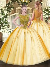 Comfortable Gold Scoop Lace Up Beading Quince Ball Gowns Cap Sleeves