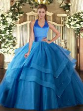 Fine Floor Length Lace Up Quinceanera Dresses Blue for Military Ball and Sweet 16 and Quinceanera with Ruffled Layers