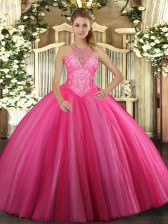 Sophisticated Hot Pink Sleeveless Beading Floor Length 15th Birthday Dress
