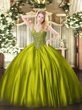  Olive Green Quinceanera Dresses Military Ball and Sweet 16 and Quinceanera with Beading V-neck Sleeveless Lace Up