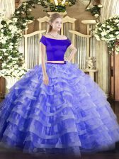  Blue 15th Birthday Dress Military Ball and Sweet 16 and Quinceanera with Appliques and Ruffled Layers Off The Shoulder Short Sleeves Zipper