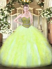  Floor Length Lace Up Quince Ball Gowns Yellow Green for Military Ball and Sweet 16 and Quinceanera with Beading and Ruffles