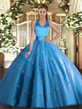  Floor Length Lace Up Quinceanera Dresses Baby Blue for Military Ball and Sweet 16 and Quinceanera with Appliques