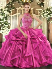 Unique Sleeveless Floor Length Beading and Embroidery and Ruffles Lace Up Vestidos de Quinceanera with Fuchsia