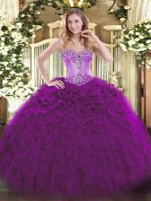 Eggplant Purple Sleeveless Beading and Ruffles Floor Length Sweet 16 Quinceanera Dress