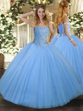 Vintage Aqua Blue Lace Up Sweetheart Beading Quince Ball Gowns Tulle Sleeveless